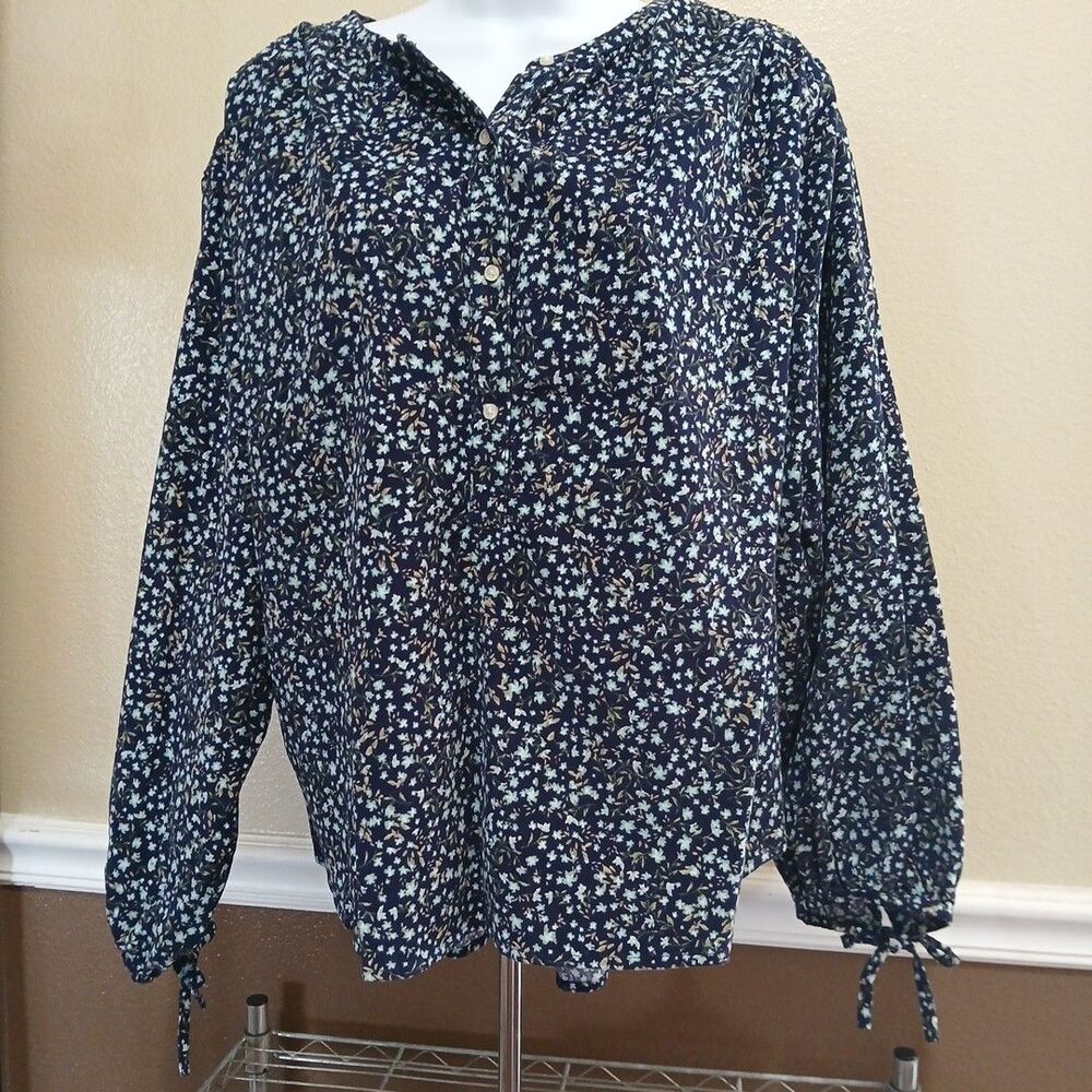 Old Navy 100% Cotton Floral Navy Blue Women's Baggy Corduroy Shirt Y2K Cottage